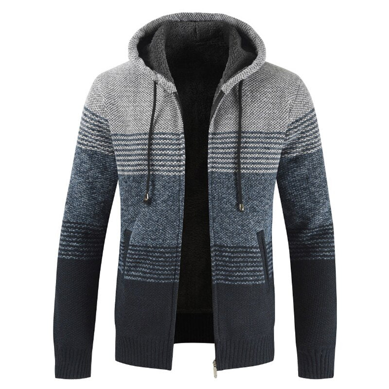 Men's Drawstring Hooded Thick Fleece Striped Pattern Cardigan