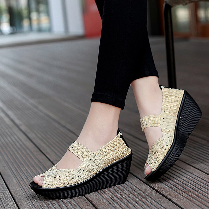 Women's Nylon Breathable Slip-On Closure Platform Woven Sandals