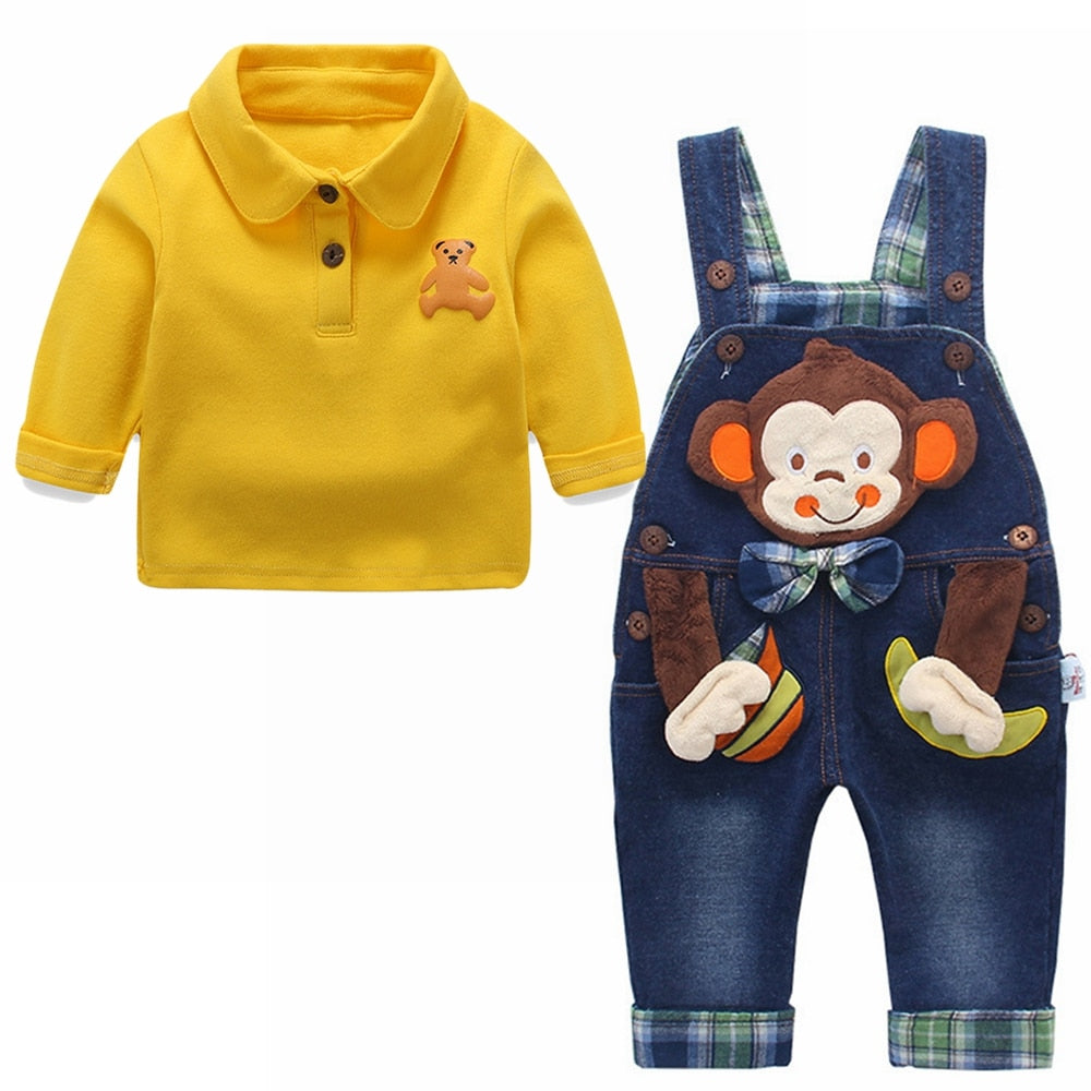 Baby's Boy O-Neck Long Sleeve Shirt With Denim Jumpsuit Set