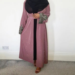 Women's Arabian Polyester Full Sleeve Beaded Elegant Open Abaya