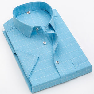 Men's 100% Cotton Short Sleeves Plaid Pattern Formal Shirt