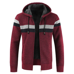 Men's Drawstring Hooded Thick Fleece Striped Pattern Cardigan