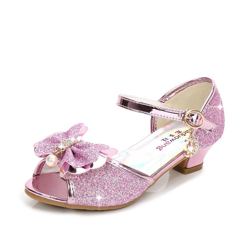 Kid's Peep Toe PU Square Heels Butterfly-Knot Shiny Wedding Shoes