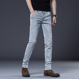 Men's Denim Mid Waist Zipper Fly Solid Pattern Classic Pants