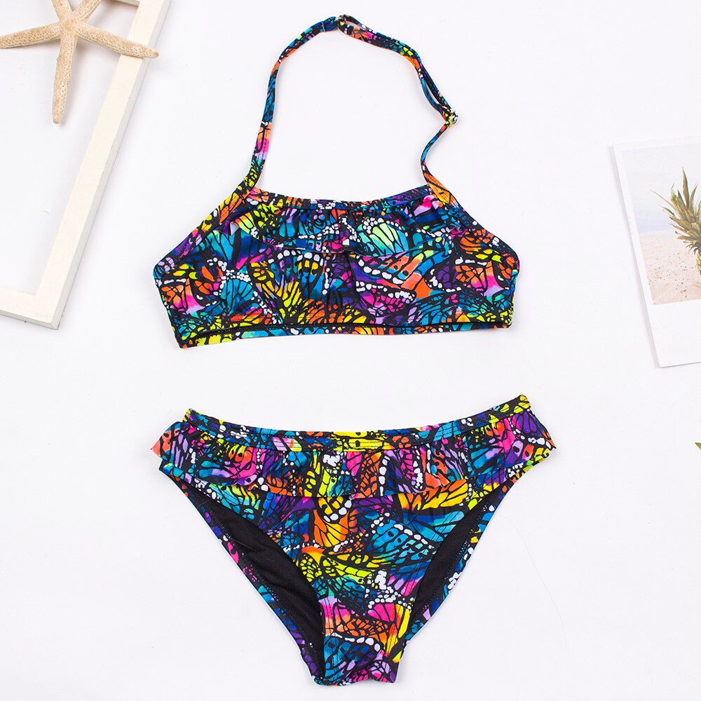 Kid's Girl Spandex Mid Waist Bathing Printed Swimwear Bikini Set