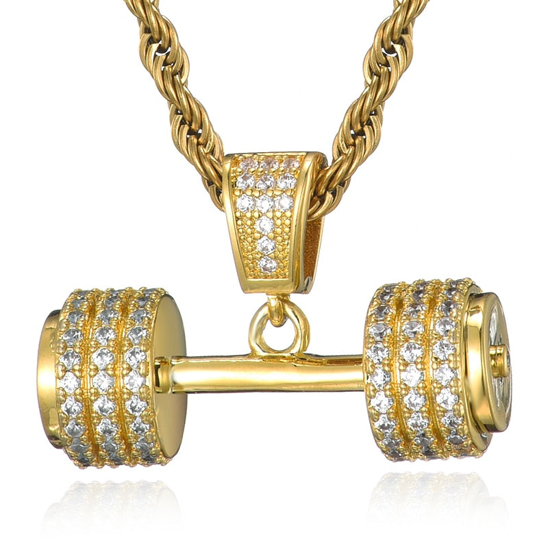 Men's Metal Copper Rhinestone Hip Hop Gym Dumbbell Necklaces