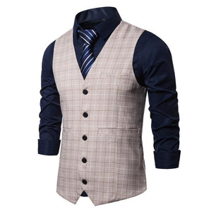 Men's V-Neck Polyester Slim Fit Gentleman Vintage Plaid Suit Vest