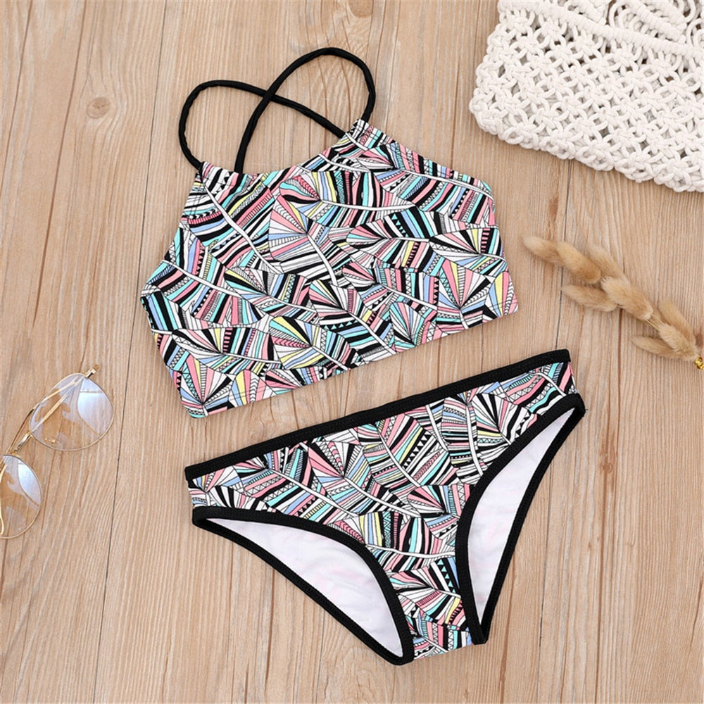 Kid's Girl Polyester Spaghetti Strap Printed Swimwear Bikini Set