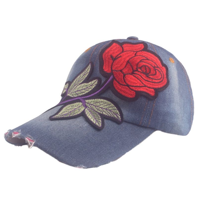 Women's Denim Adjustable Strap Sun Protection Floral Baseball Cap