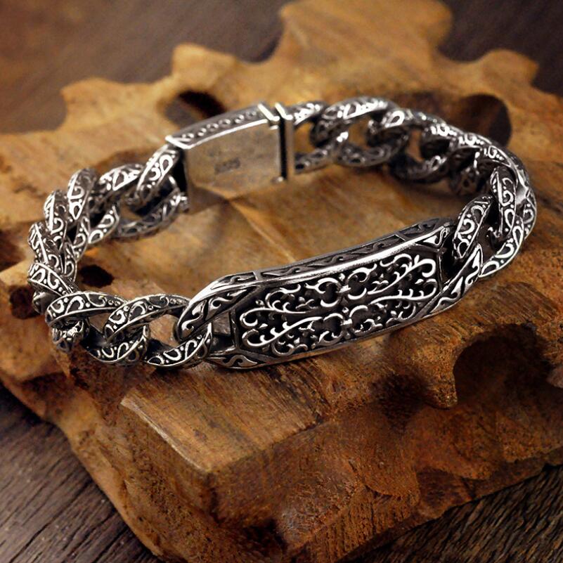 Men's 100% 925 Sterling Silver Link Chain Plant Pattern Bracelet