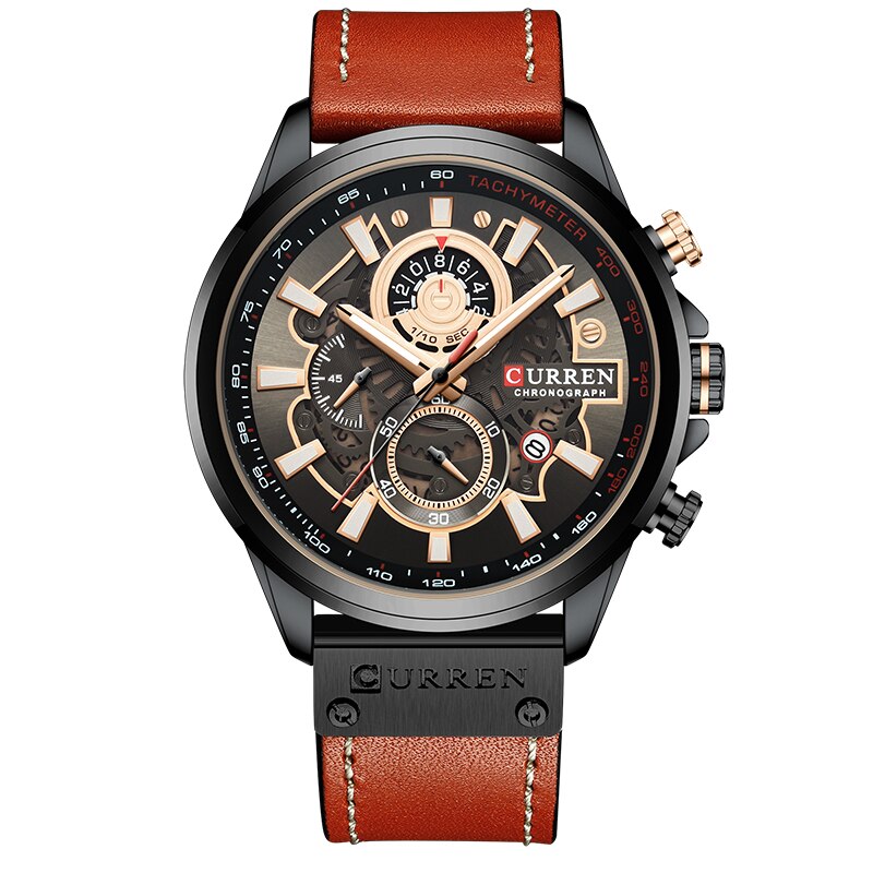 Men's Leather Mechanical Buckle Clasp Waterproof Wrist Watch