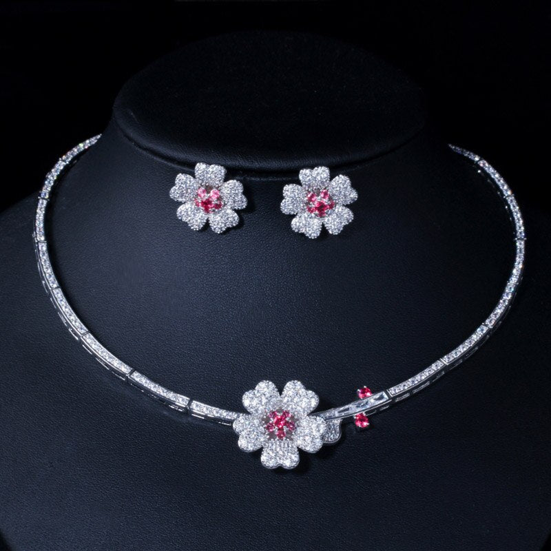 Women's Copper Cubic Zirconia Flower Trendy Wedding Jewelry Sets