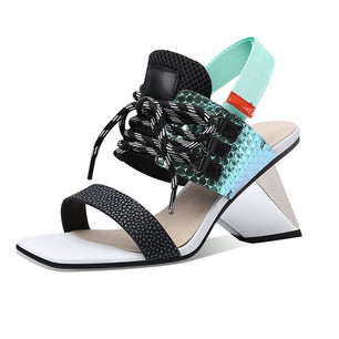 Women's Genuine Leather Square Toe Mixed Colors Elegant Sandals