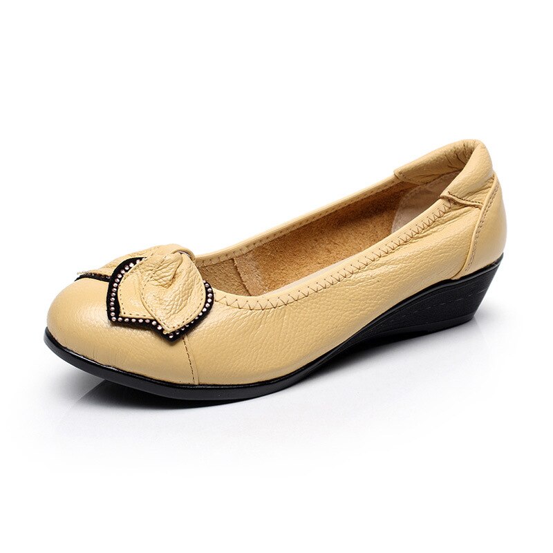 Women's Genuine Leather Round Toe Slip On Closure Solid Shoes