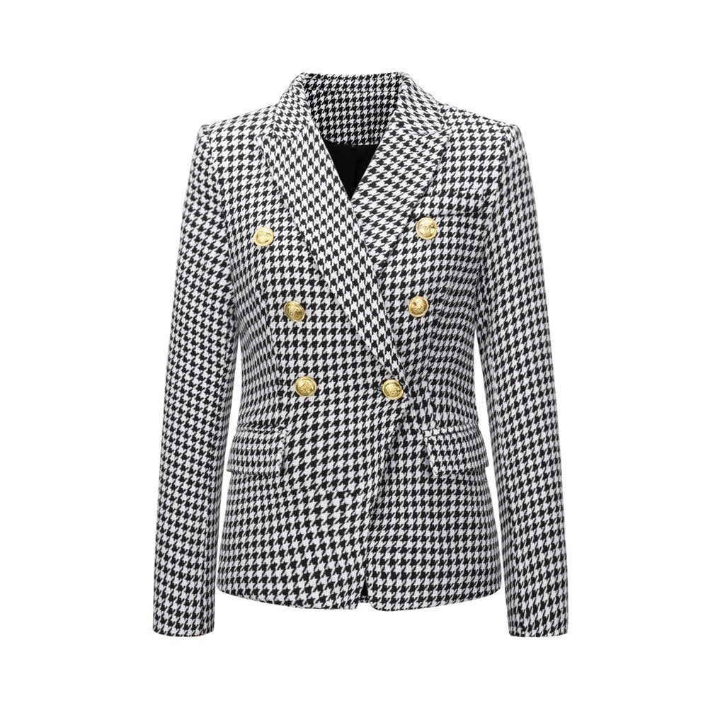 Women's Notched Collar Full Sleeves Double Breasted Plaid Blazers
