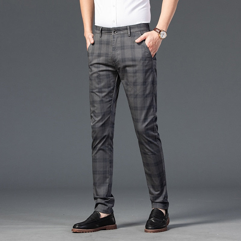 Men's Polyester Zipper Fly Closure Plaid Pattern Formal Pants