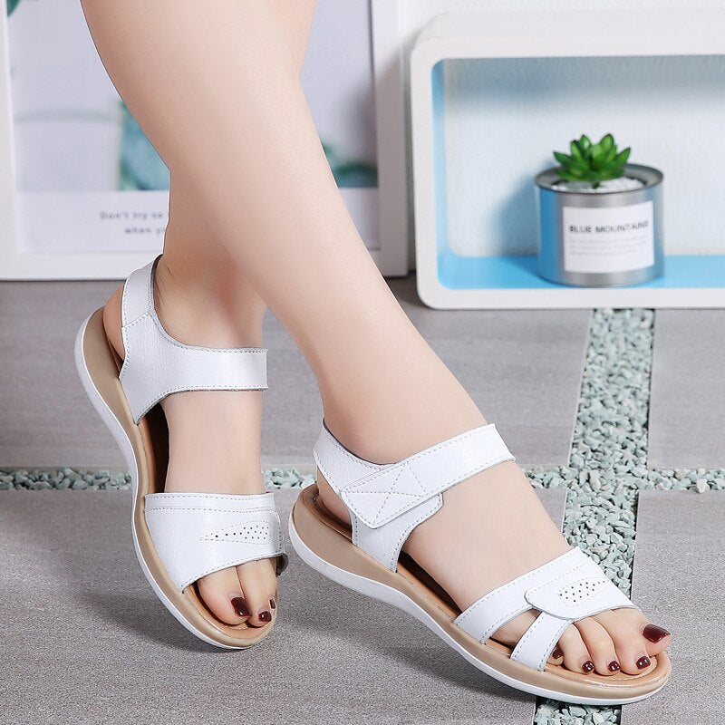 Women's Split Leather Hook Loop Closure Flat Casual Sandals