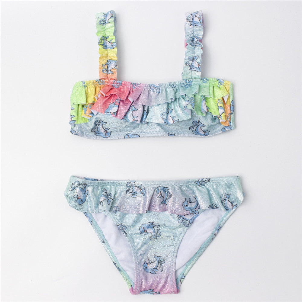 Kid's Girl Spandex Mid Waist Bathing Printed Swimwear Bikini Set