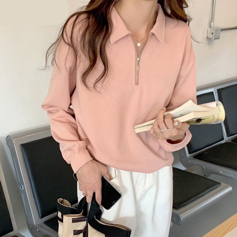 Women's Polyester Turn-Down Full Sleeves Elegant Pullovers Tops