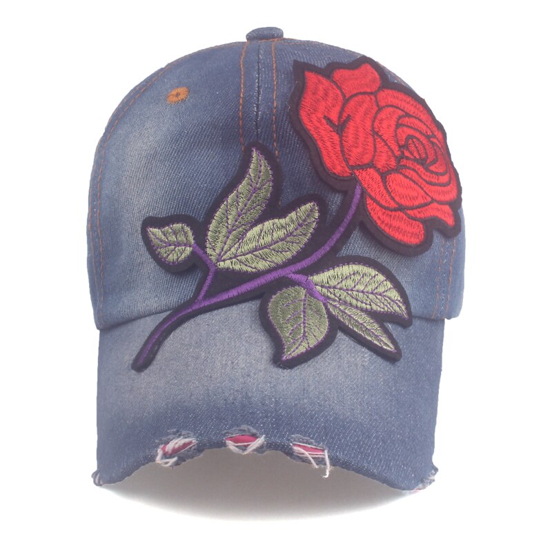 Women's Denim Adjustable Strap Sun Protection Floral Baseball Cap