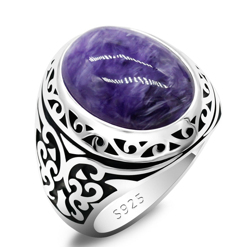 Men's 100% 925 Sterling Silver Charoite Bezel Setting Oval Ring