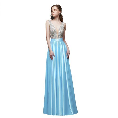 Women's V-Neck Polyester Sleeveless Backless Formal Gown Dress