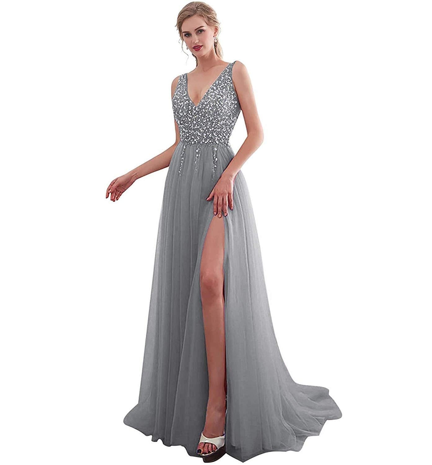 Women's V-Neck Polyester Sleeveless Beading Tulle Backless Dress