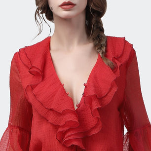 Women's Deep V-Neck Full Sleeve Solid Ruffle Chiffon Blouses