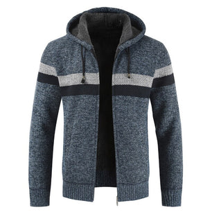 Men's Drawstring Hooded Thick Fleece Striped Pattern Cardigan