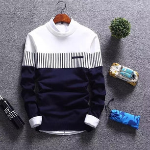 Men's O-Neck Long Sleeves Striped Pattern Thick Winter Sweater