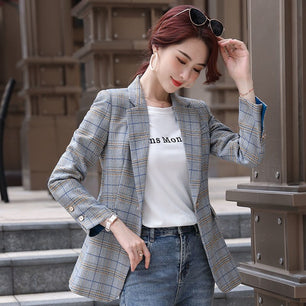 Women's Notched Collar Full Sleeves Single Breasted Plaid Blazers