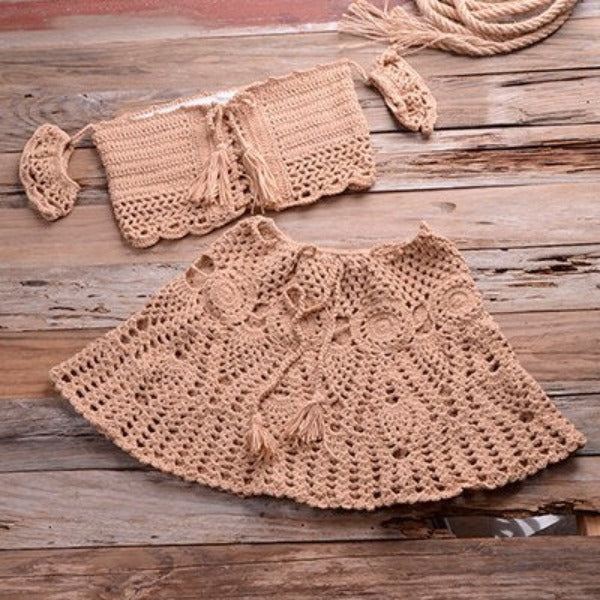 Women's Cotton Off Shoulder Two Pieces Knitted Solid Bikini Set