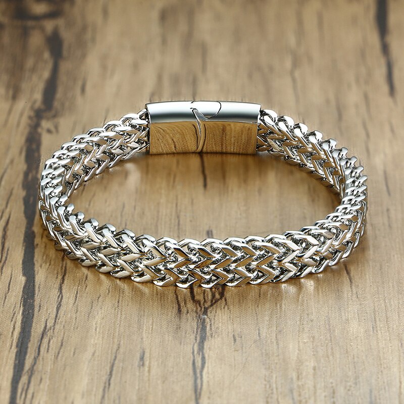 Men's Stainless Steel Fold Over Clasp Link Chain Round Bracelet