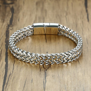 Men's Stainless Steel Fold Over Clasp Link Chain Round Bracelet