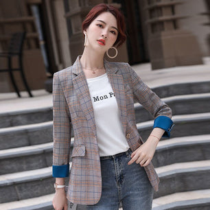 Women's Notched Collar Full Sleeves Single Breasted Plaid Blazers