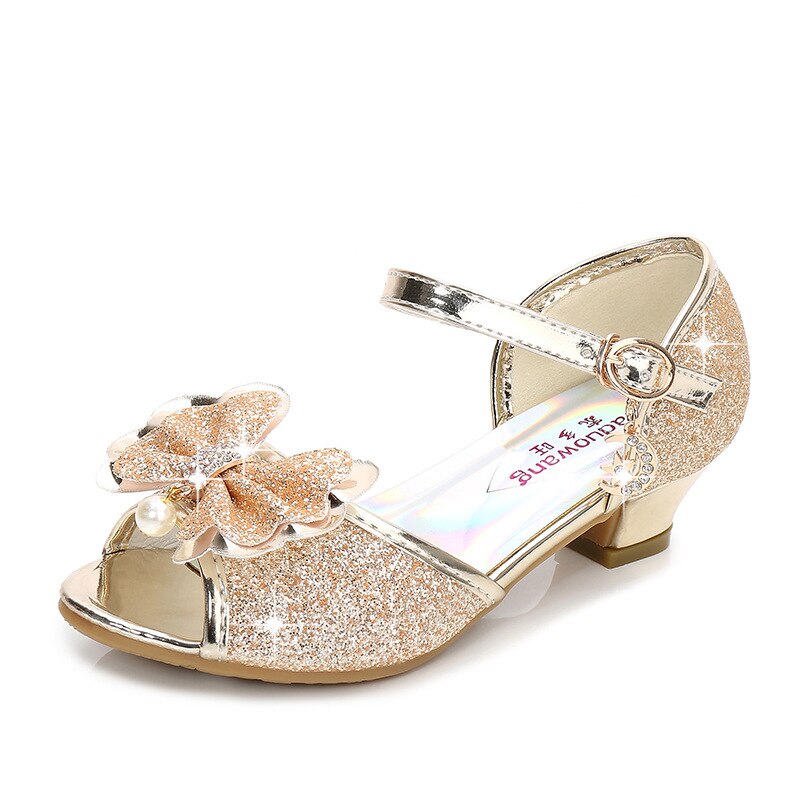 Kid's Peep Toe PU Square Heels Butterfly-Knot Shiny Wedding Shoes