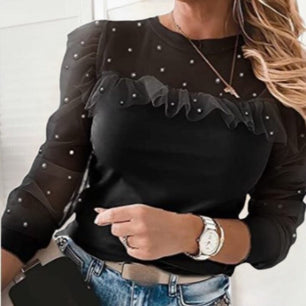 Women's O-Neck Full Sleeves Rhinestone Mesh Patchwork Blouse