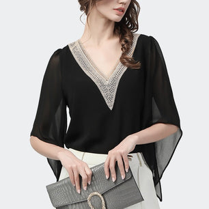 Women's V-Neck Half Sleeves Irregular Cape Lace Chiffon Blouse