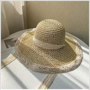 Women's Floppy Lace Striped Hollow Bucket Straw Foldable Sun Hats