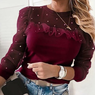 Women's O-Neck Full Sleeves Rhinestone Mesh Patchwork Blouse