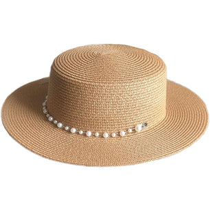 Women's Straw Pearl Chain Sun protection Beach Flat Casual Hats