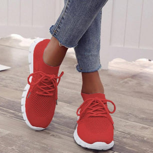 Women's Breathable Mesh Lace-Up Casual Wear Round Flat Sneakers