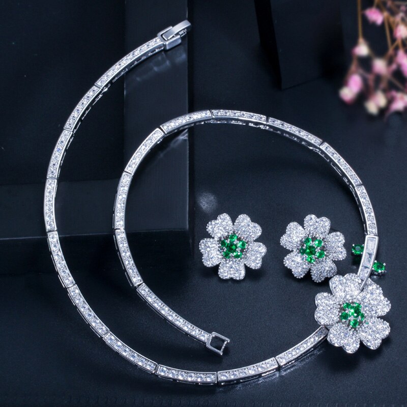 Women's Copper Cubic Zirconia Flower Trendy Wedding Jewelry Sets