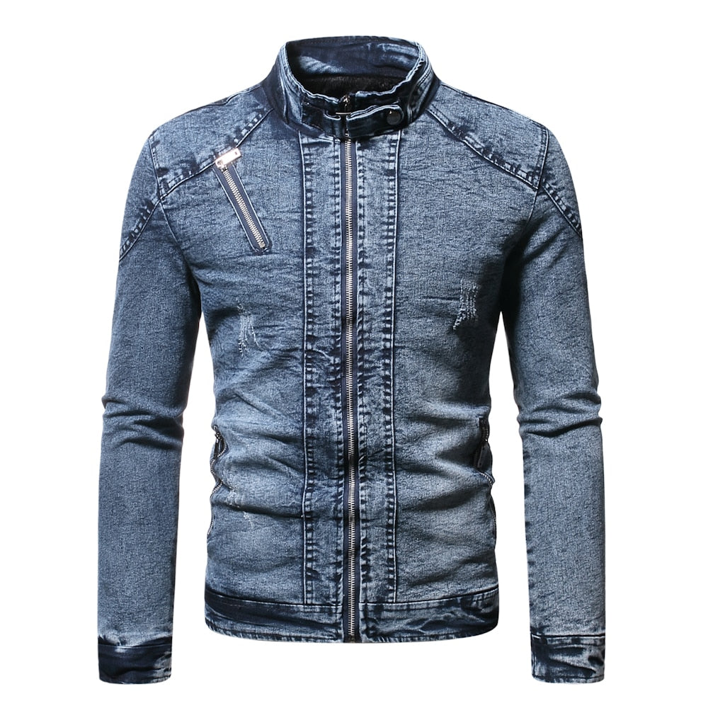 Men's Polyester Full Sleeves Single Breasted Winter Denim Jacket