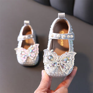 Kid's PU Hook Loop Closure Beaded Butterfly Pattern Casual Shoes