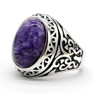 Men's 100% 925 Sterling Silver Charoite Bezel Setting Oval Ring