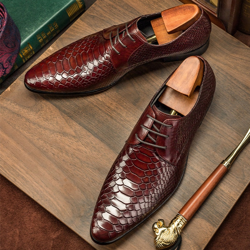 Men's Genuine Leather Pointed Toe Lace-up Closure Party Shoes