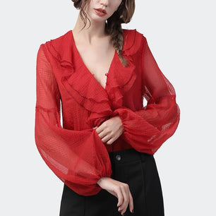 Women's Deep V-Neck Full Sleeve Solid Ruffle Chiffon Blouses