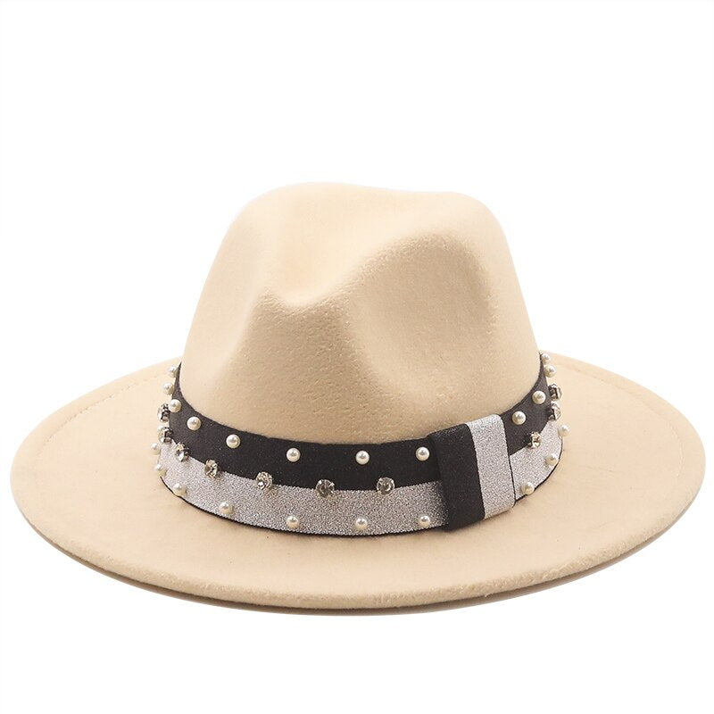 Women's Wool Ribbon Band Pearl Pattern Casual Wear Elegant Hat