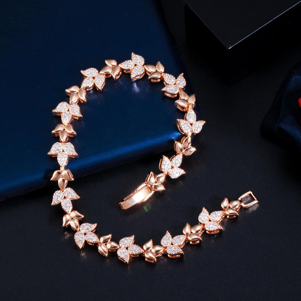 Women's Copper Cubic Zirconia Link Chain Plant Pattern Bracelet